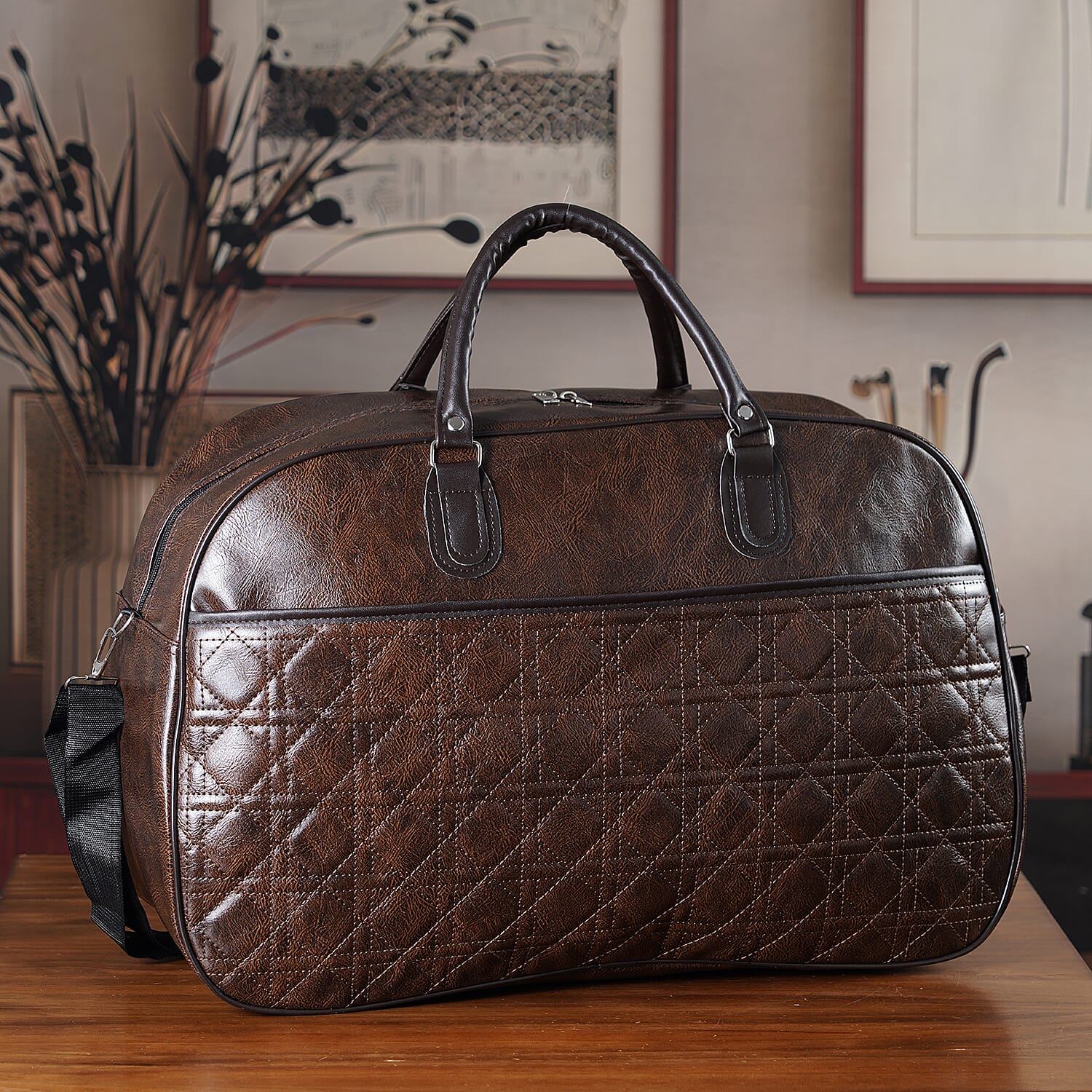 Quilted Weekender Travel Style Duffle Bag with Shoulder Strap - Dark Coffee