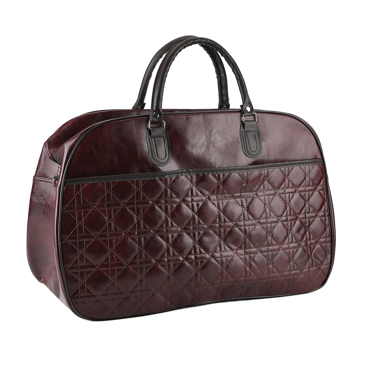 Quilted Weekender Travel Style Duffle Bag with Shoulder Strap - Burgundy