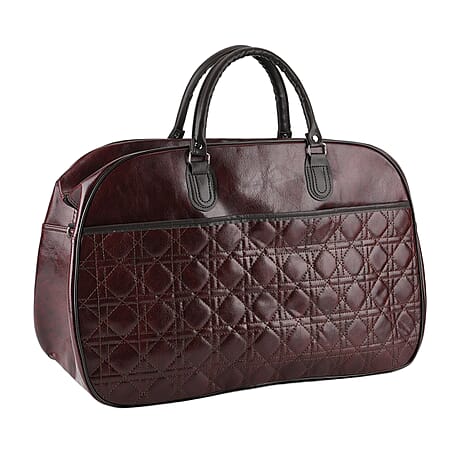 Quilted Weekender Travel Style Duffle Bag with Shoulder Strap - Burgundy