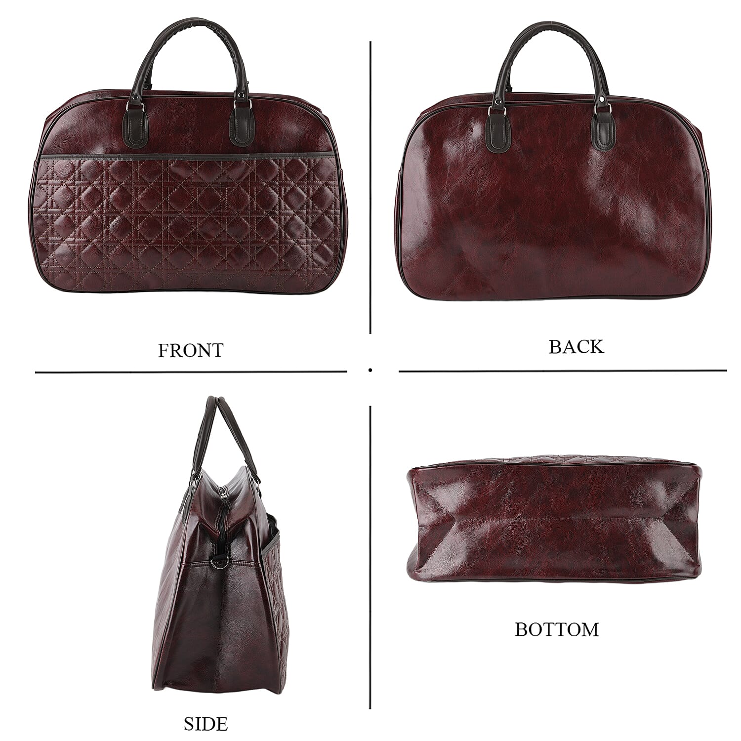 Quilted Weekender Travel Style Duffle Bag with Shoulder Strap - Burgundy