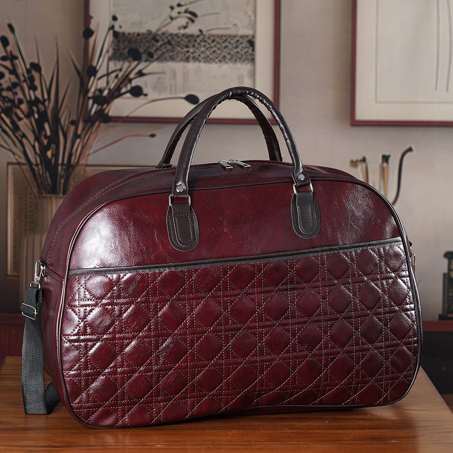 Quilted Weekender Travel Style Duffle Bag with Shoulder Strap - Burgundy