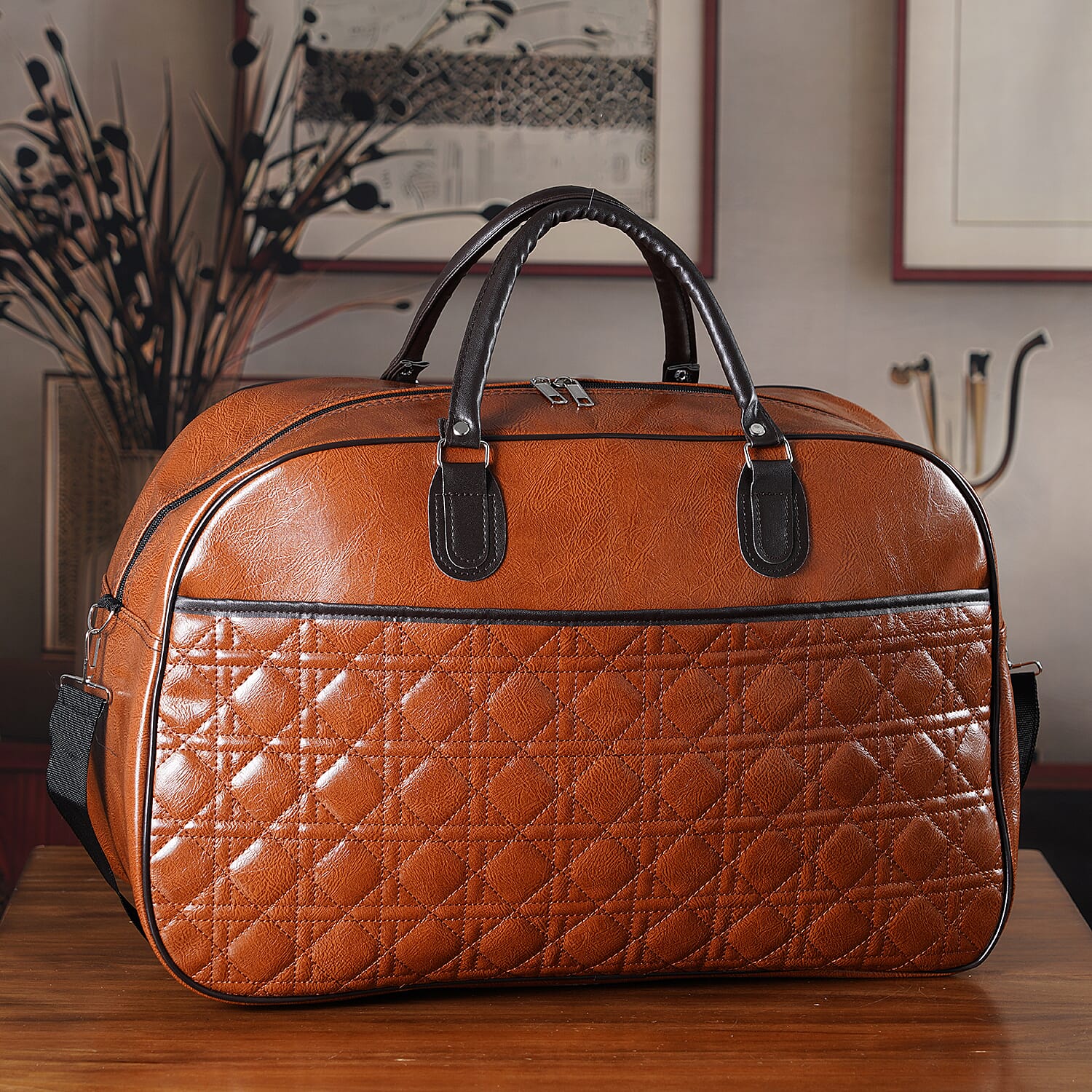 Quilted Weekender Travel Style Duffle Bag with Shoulder Strap - Brown