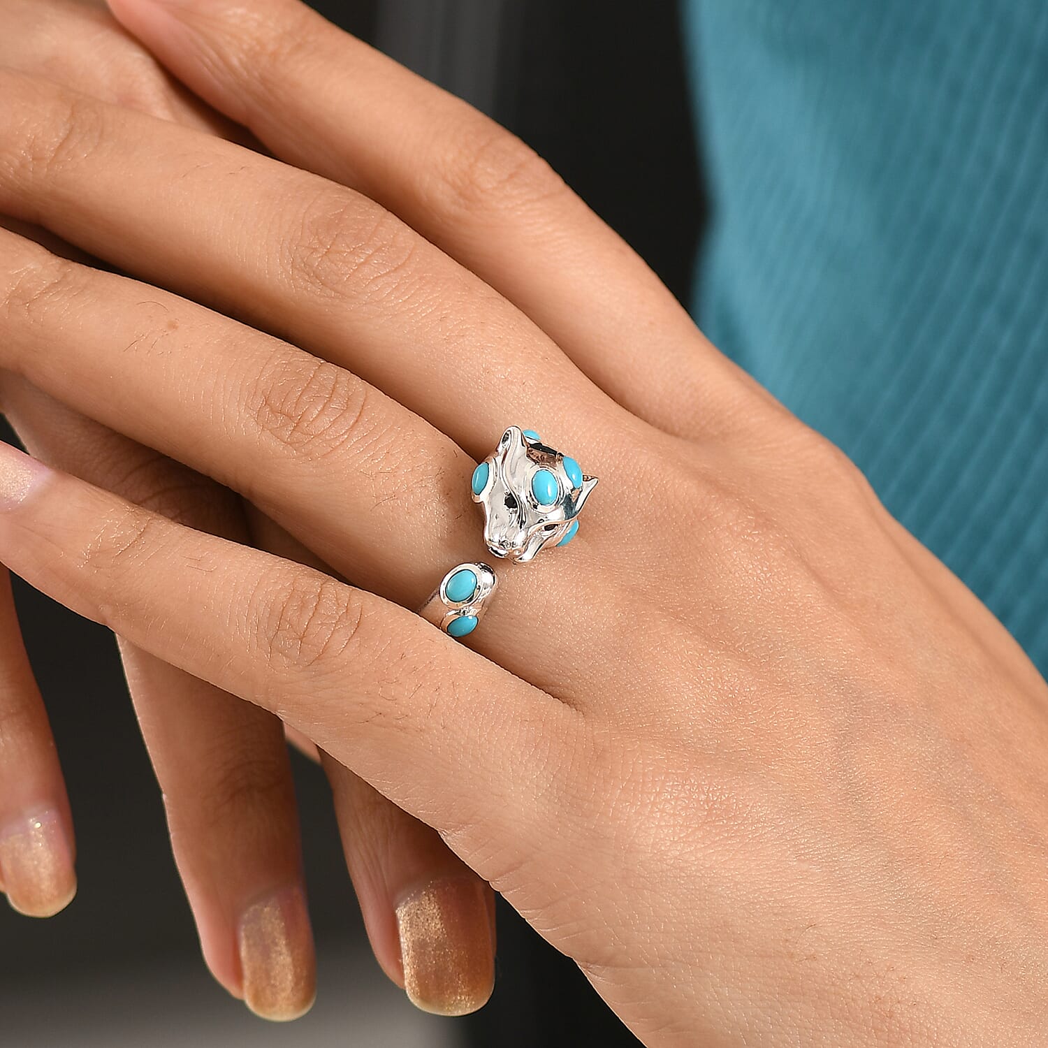 D'Joy Sleeping Beauty Turquoise & Black Spinel Adjustable Ring in Rhodium Overlay Sterling Silver 2.02 Ct.