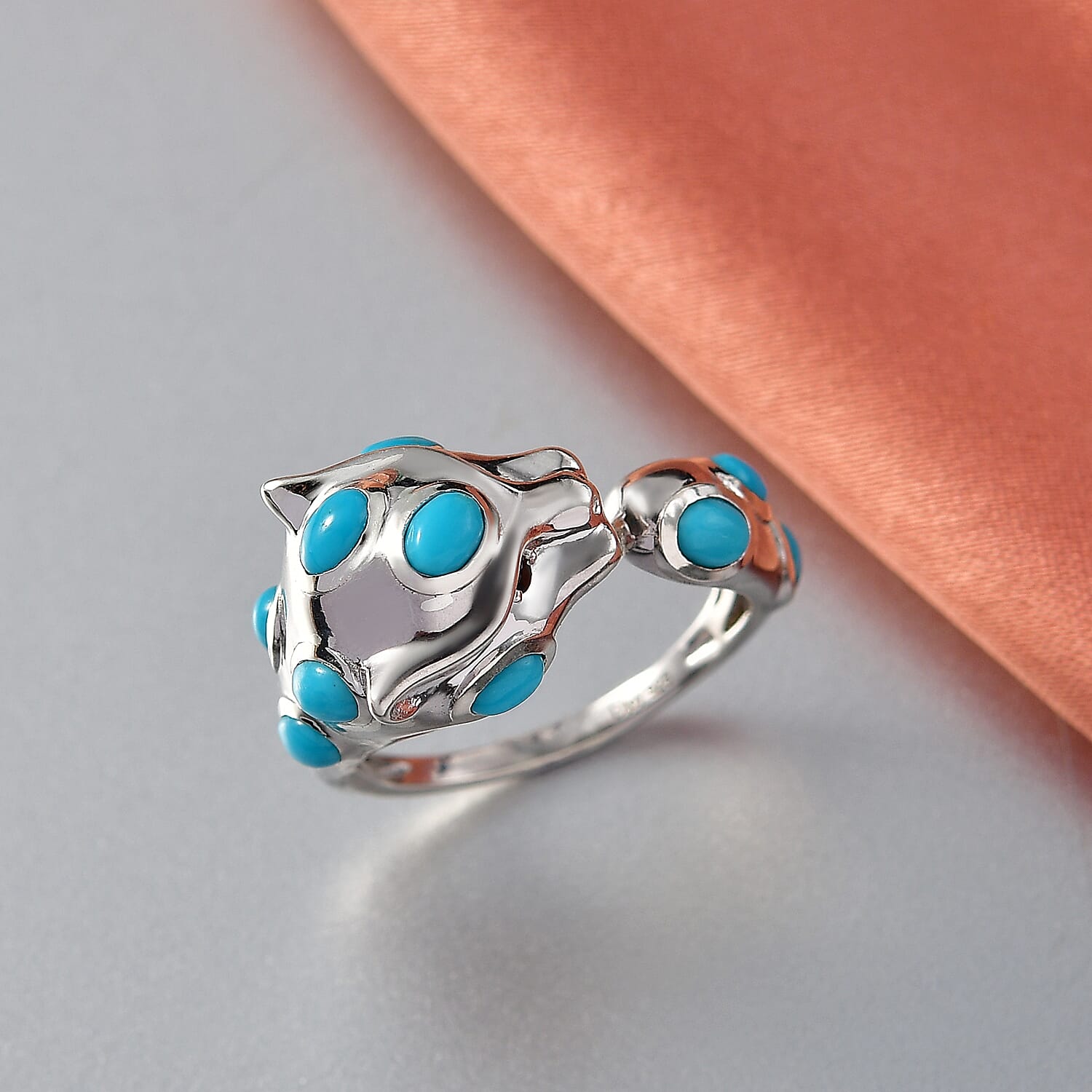 D'Joy Sleeping Beauty Turquoise & Black Spinel Adjustable Ring in Rhodium Overlay Sterling Silver 2.02 Ct.