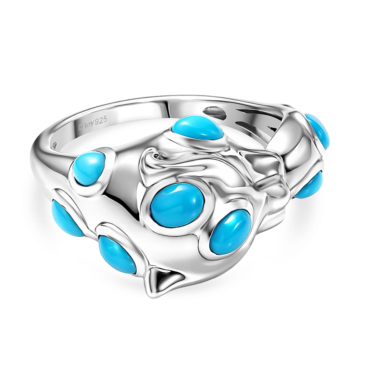 D'Joy Sleeping Beauty Turquoise, Black Spinel Adjustable Panther Ring in Rhodium Overlay Sterling Silver 2.02 Ct.