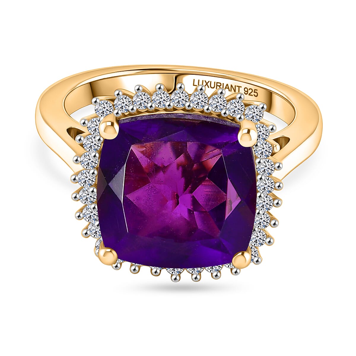 AAA African Amethyst & Luxuriant SI-G-H Lab Grown Diamond Ring in 18K Vermeil Yellow Gold Plated Sterling Silver 5.38 Ct.