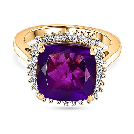 AAA African Amethyst & Luxuriant SI-G-H Lab Grown Diamond Ring in 18K Vermeil Yellow Gold Plated Sterling Silver 5.38 Ct.