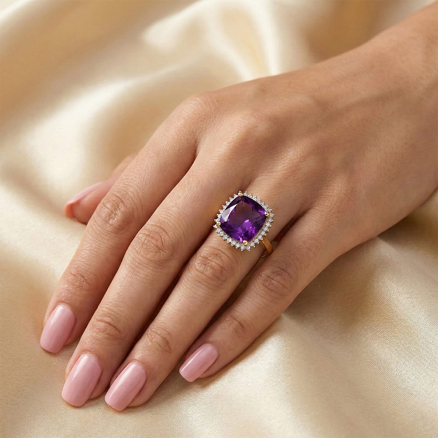 AAA African Amethyst & Luxuriant SI-G-H Lab Grown Diamond Ring in 18K Vermeil Yellow Gold Plated Sterling Silver 5.38 Ct.
