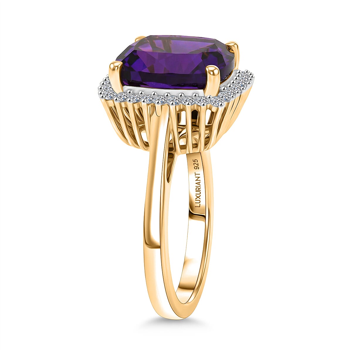 AAA African Amethyst & Luxuriant SI-G-H Lab Grown Diamond Ring in 18K Vermeil Yellow Gold Plated Sterling Silver 5.38 Ct.