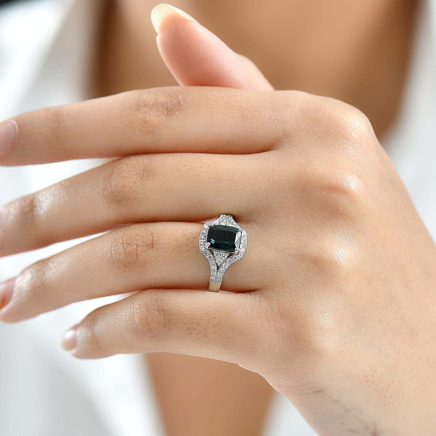 Rhapsody 950 Platinum AGI Certified & Appraised AAAA Indicolite & Natural VS-E-F White Diamond Ring 2.33 Ct, Platinum Wt. 6.10 Gms