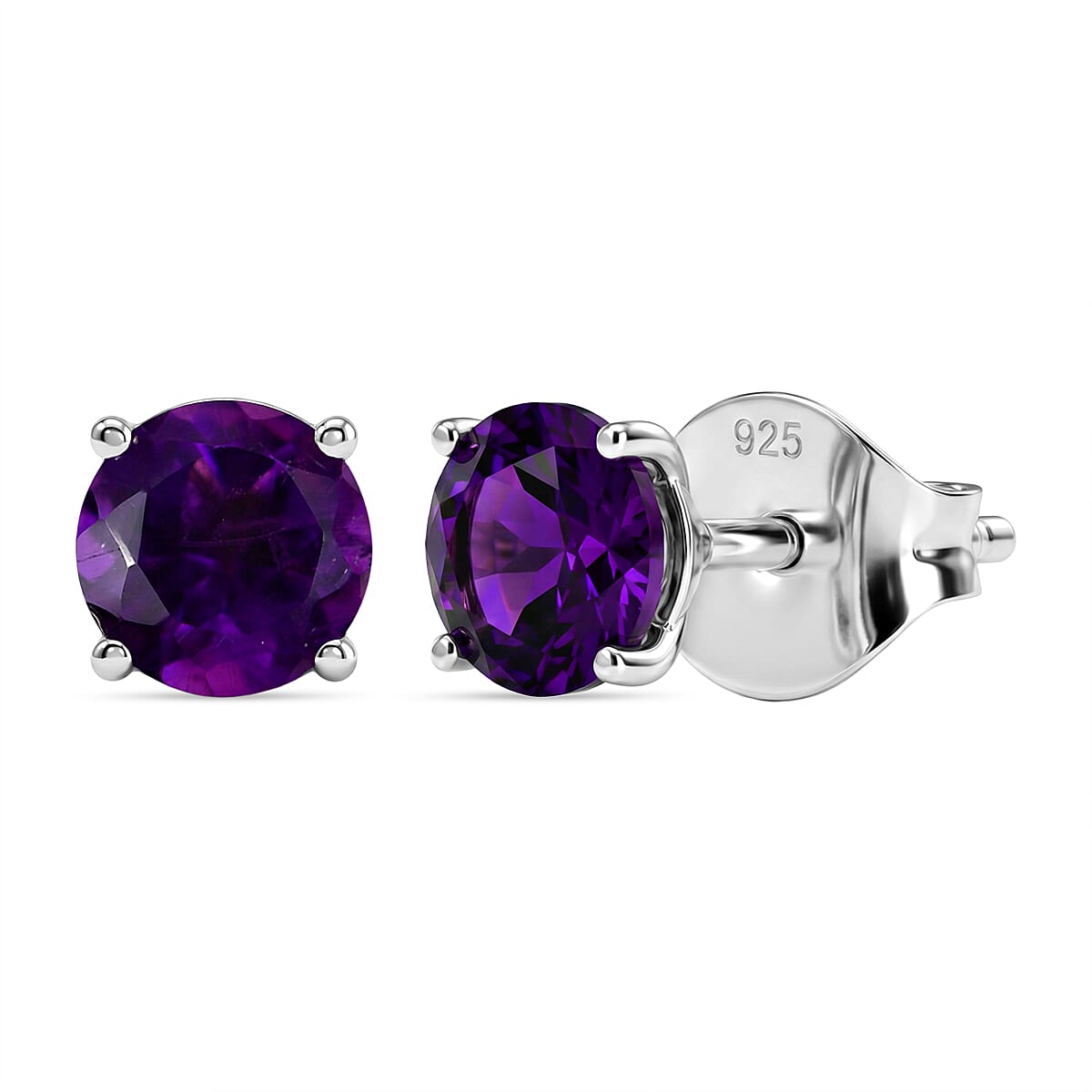 AAA Zambian Amethyst Solitaire Stud Push Post Earrings in Platinum Overlay Sterling Silver