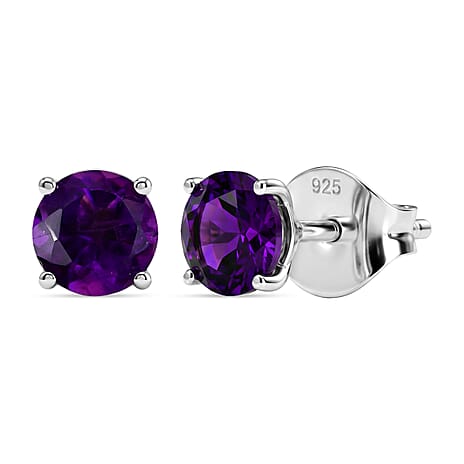 AAA Zambian Amethyst Solitaire Stud Push Post Earrings in Platinum Overlay Sterling Silver