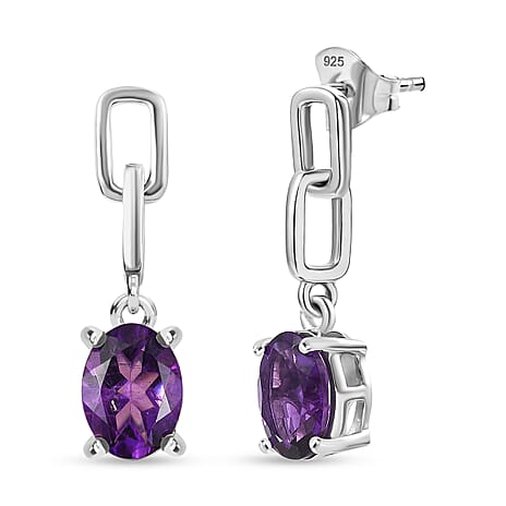 D'Joy AAA African Amethyst Dangling Earring with Push Post in Platinum Overlay Sterling Silver 2.26 Ct.