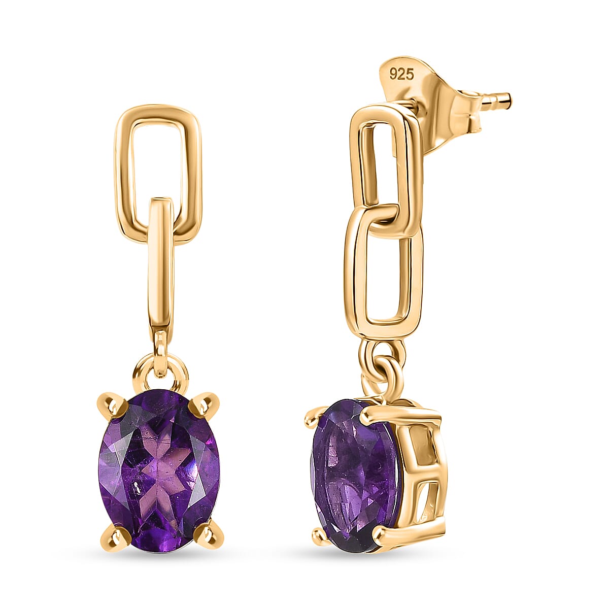 D'Joy AAA African Amethyst Dangling Push Post Earring in Yellow Gold Plated Sterling Silver 2.26 Ct.