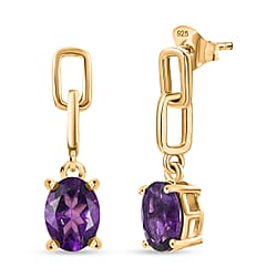 D'Joy AAA African Amethyst Dangling Push Post Earring in Yellow Gold Plated Sterling Silver 2.26 Ct.
