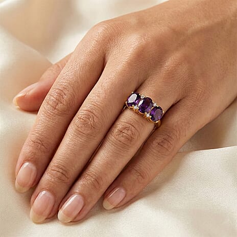 D'Joy AAA African Amethyst & White Zircon Trilogy Ring in Yellow Gold Plated Sterling Silver 3.46 Ct.