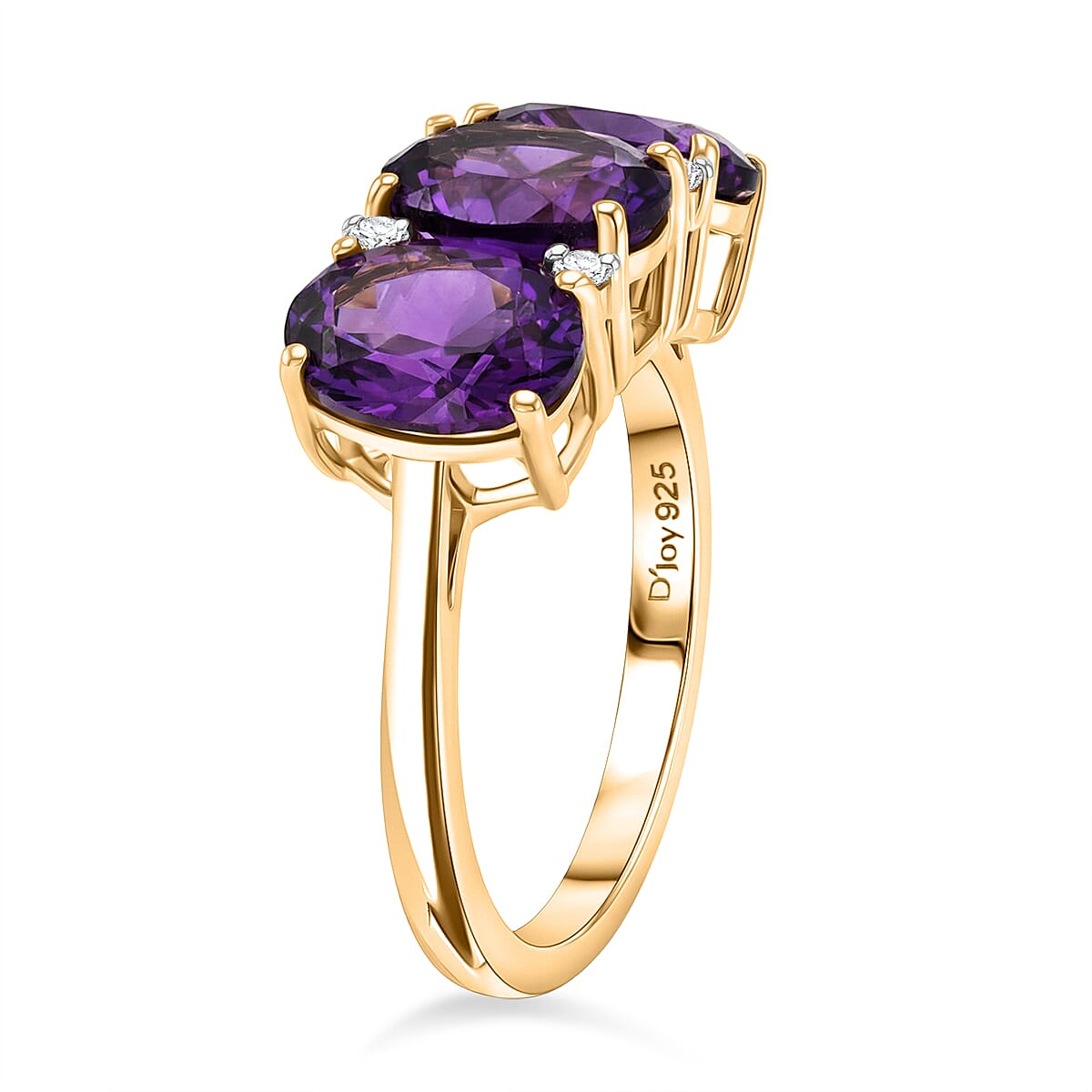 D'Joy AAA African Amethyst & White Zircon Trilogy Ring in Yellow Gold Plated Sterling Silver 3.46 Ct.