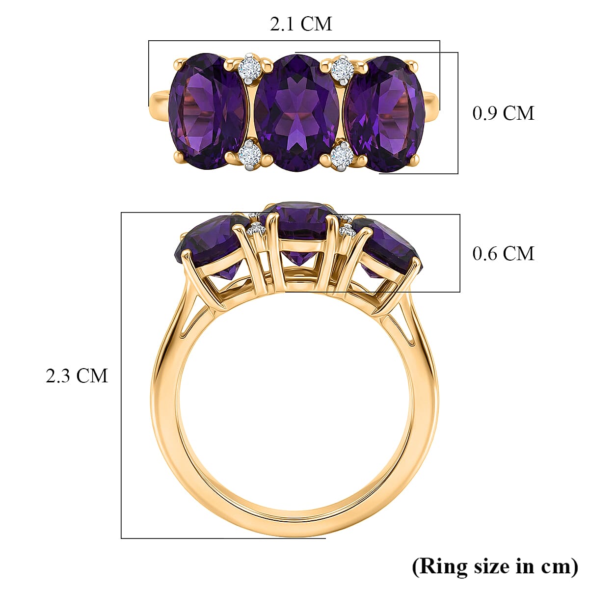 D'Joy AAA African Amethyst & White Zircon Trilogy Ring in Yellow Gold Plated Sterling Silver 3.46 Ct.