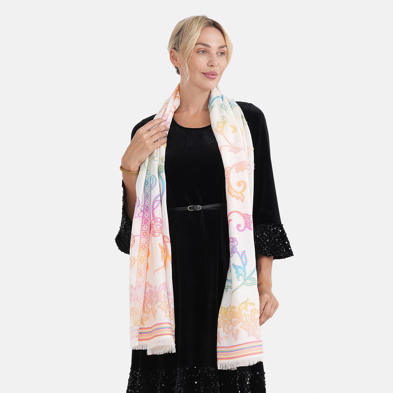 - Maisi Cotton Printed Scarf (Size - One Size) - White Multi - Multicolor