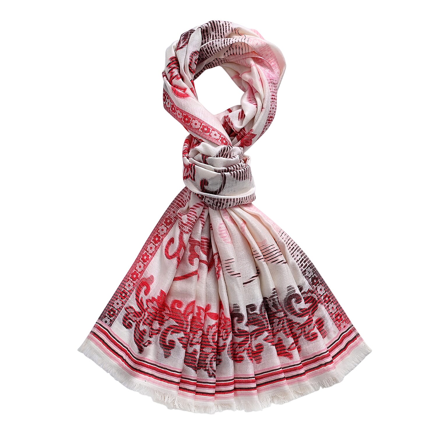 - Maisi Cotton Printed Scarf (Size - One Size) - White Red - Multicolor