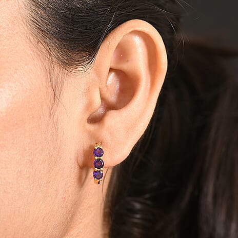 D'Joy AAA African Amethyst Full Hoop Earring in Yellow Gold Plated Sterling Silver 1.44 Ct.