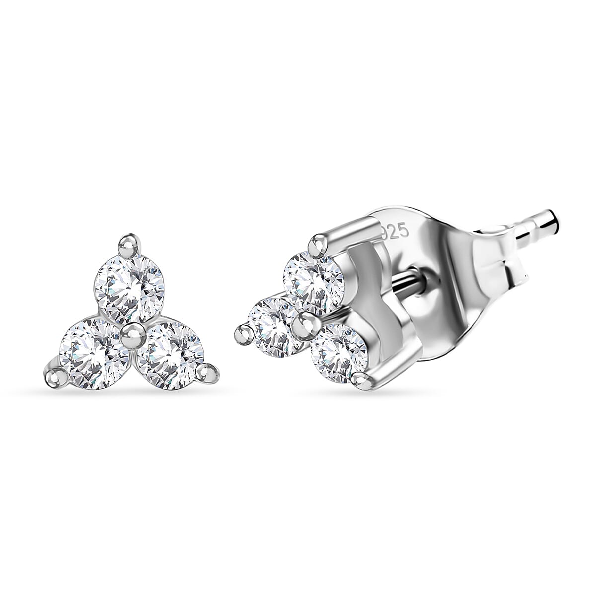 Luxuriant SI-G-H Lab Grown Diamond 3 Stone Stud Push Post Earring in Rhodium Overlay Sterling Silver
