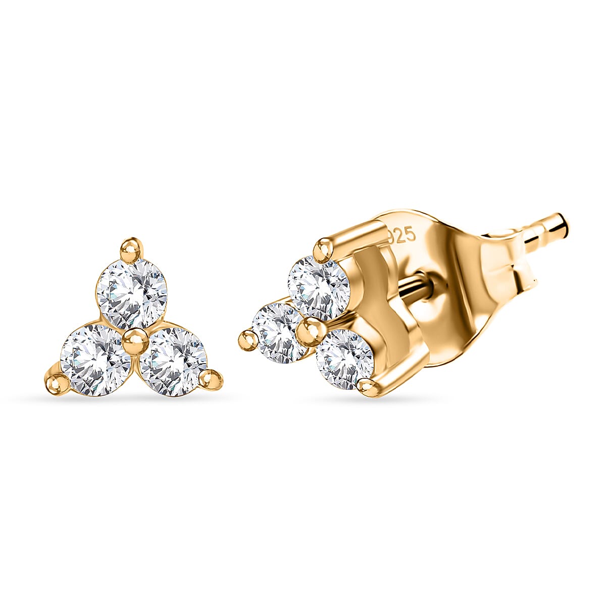 Luxuriant SI-G-H Lab Grown Diamond 3 Stone Stud Push Post Earring in 18K Vermeil Yellow Gold Plated Sterling Silver