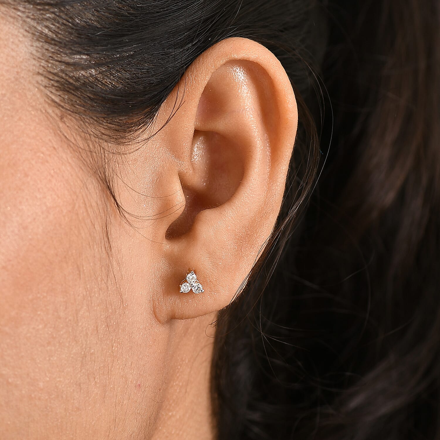 Luxuriant SI-G-H Lab Grown Diamond 3 Stone Stud Push Post Earring in 18K Vermeil Yellow Gold Plated Sterling Silver