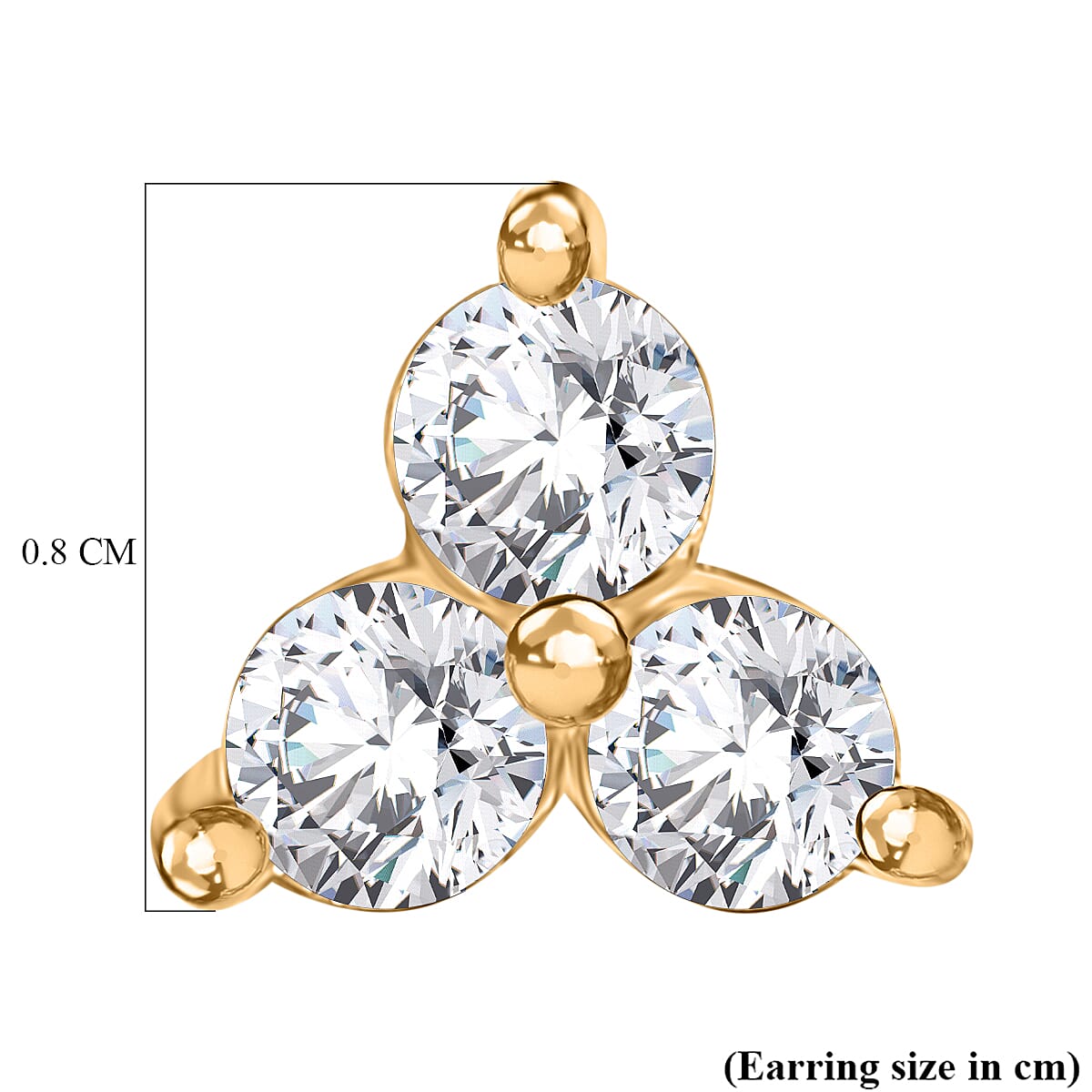 Luxuriant SI-G-H Lab Grown Diamond 3 Stone Stud Push Post Earring in 18K Vermeil Yellow Gold Plated Sterling Silver