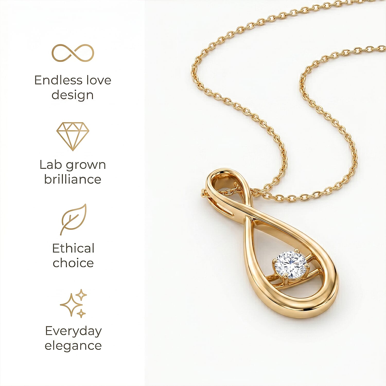 Luxuriant SI-G-H Lab Grown Diamond Solitaire Infinity Pendant in 18K Vermeil Yellow Gold Plated Sterling Silver
