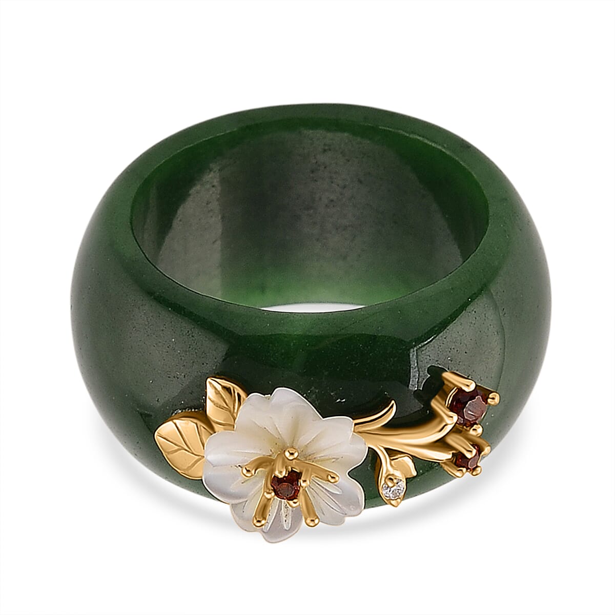 D'Joy Dyed Green Jade, Red Garnet, Moissanite & White Mother Of Pearl Flower Band Ring in Yellow Gold Plated Sterling Silver 32.88 Ct.