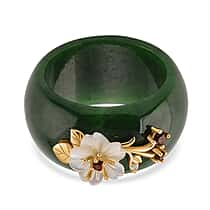 D'Joy Dyed Green Jade, Red Garnet, Moissanite & White Mother Of Pearl Flower Band Ring in Yellow Gold Plated Sterling Silver 32.88 Ct.