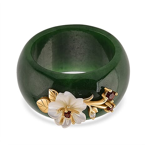 D'Joy Dyed Green Jade, Red Garnet, Moissanite & White Mother Of Pearl Flower Band Ring in Yellow Gold Plated Sterling Silver 32.88 Ct.