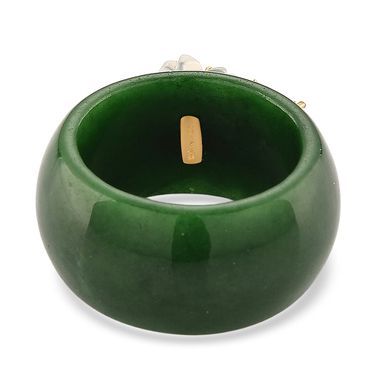 D'Joy Dyed Green Jade, Red Garnet, Moissanite & White Mother Of Pearl Flower Band Ring in Yellow Gold Plated Sterling Silver 32.88 Ct.