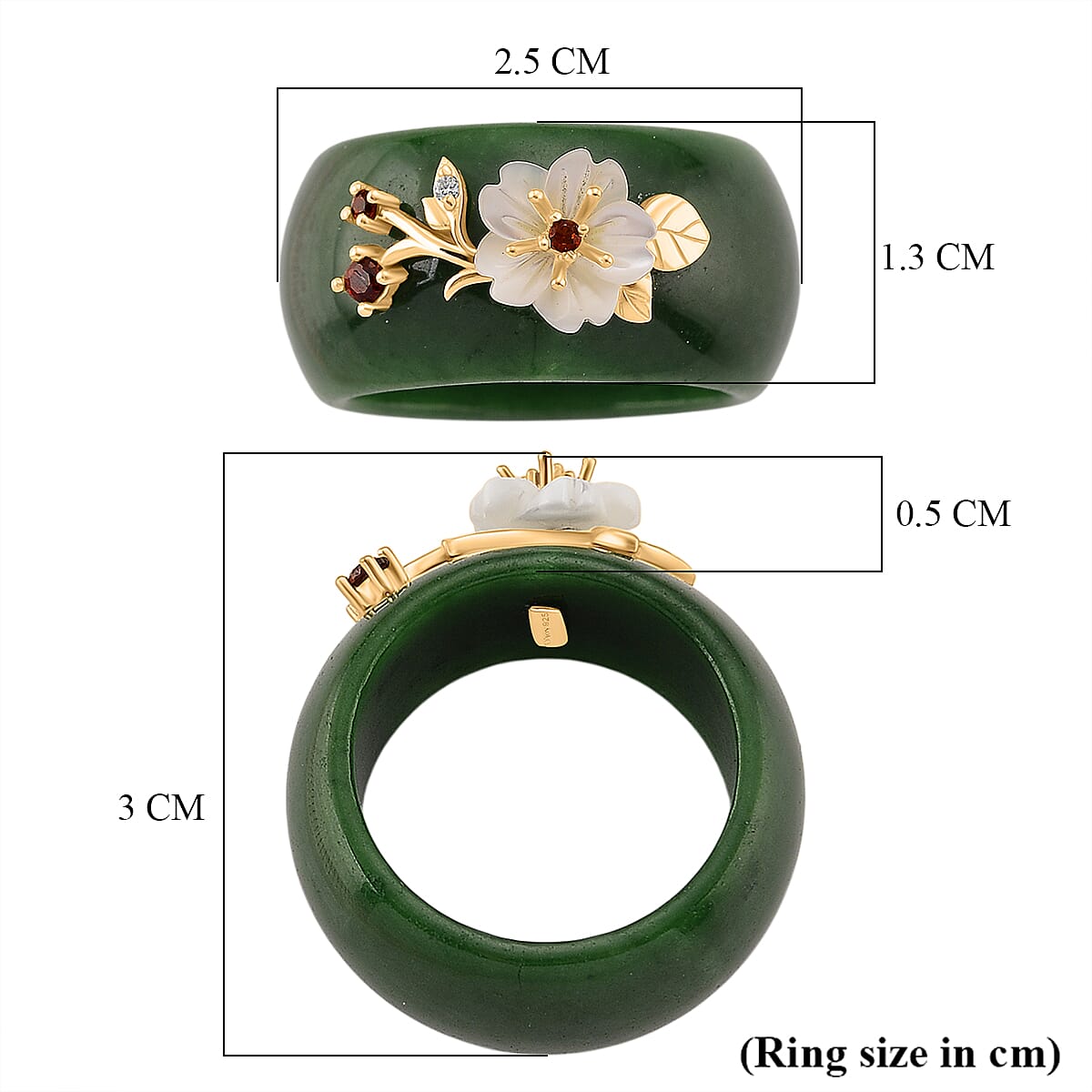 D'Joy Dyed Green Jade, Red Garnet, Moissanite & White Mother Of Pearl Flower Band Ring in Yellow Gold Plated Sterling Silver 32.88 Ct.