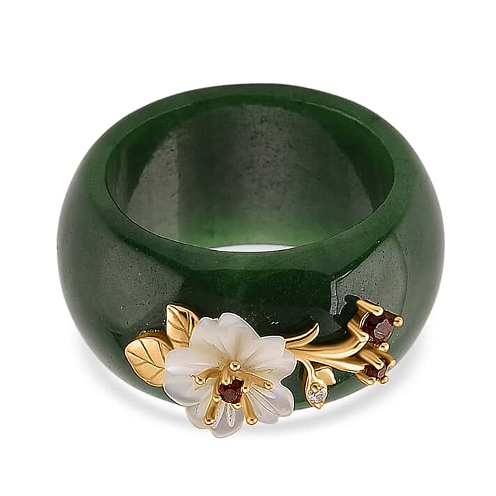 JARDIN COLLECTION - Green Jadeite, Red Garnet, Moissanite & White Mother Of Pearl Flower Band Ring in Yellow Gold Plated Sterling Silver 32.88 Ct.