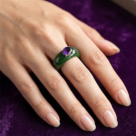 D'Joy Dyed Green Jade & African Amethyst Solitaire Band Ring in Rhodium Overlay Sterling Silver 31.18 Ct.