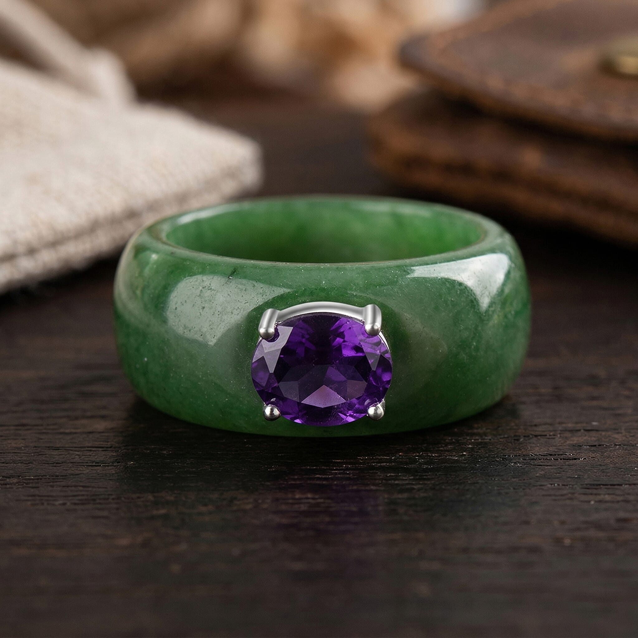 D'Joy Dyed Green Jade & African Amethyst Solitaire Band Ring in Rhodium Overlay Sterling Silver 31.18 Ct.