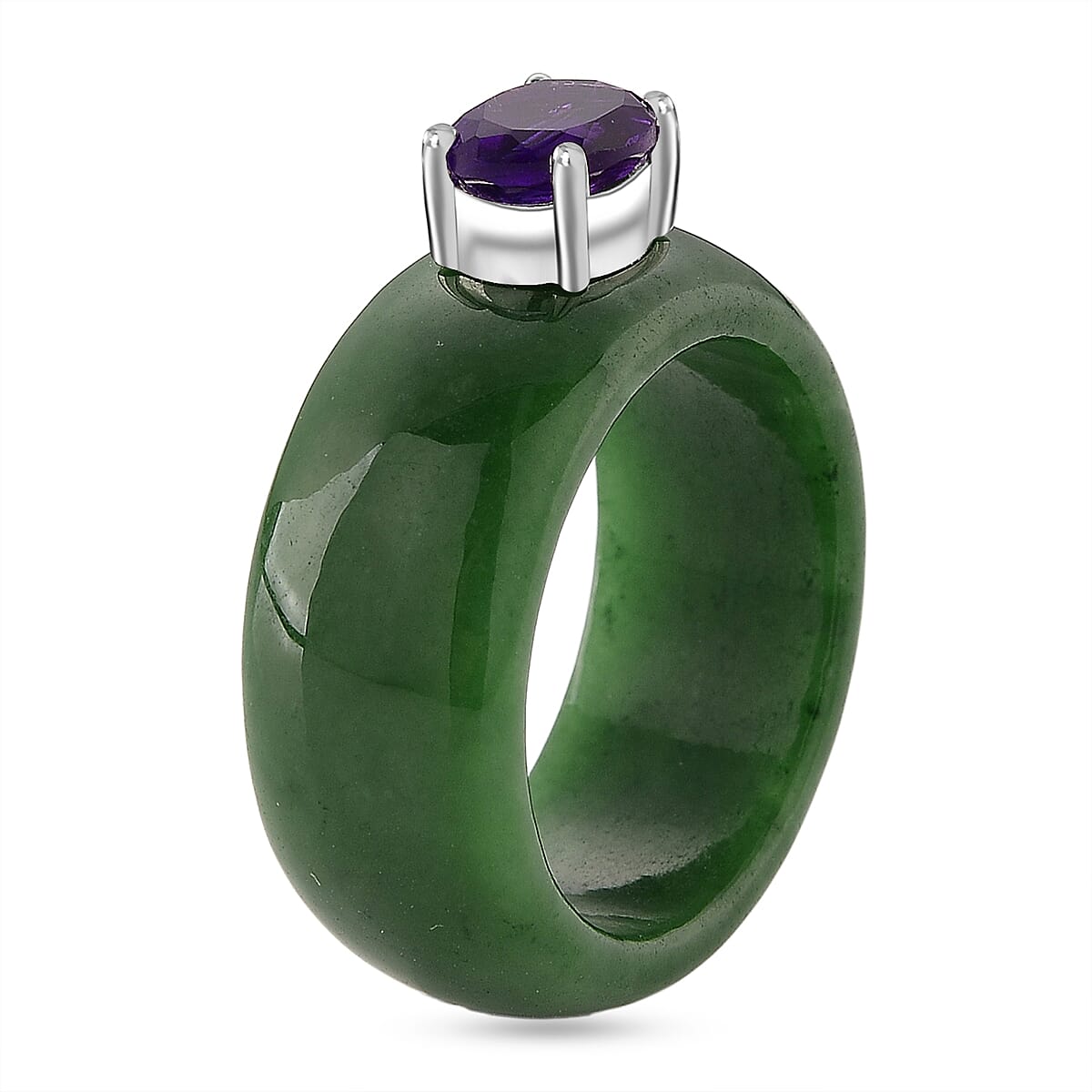 D'Joy Dyed Green Jade & African Amethyst Solitaire Band Ring in Rhodium Overlay Sterling Silver 31.18 Ct.