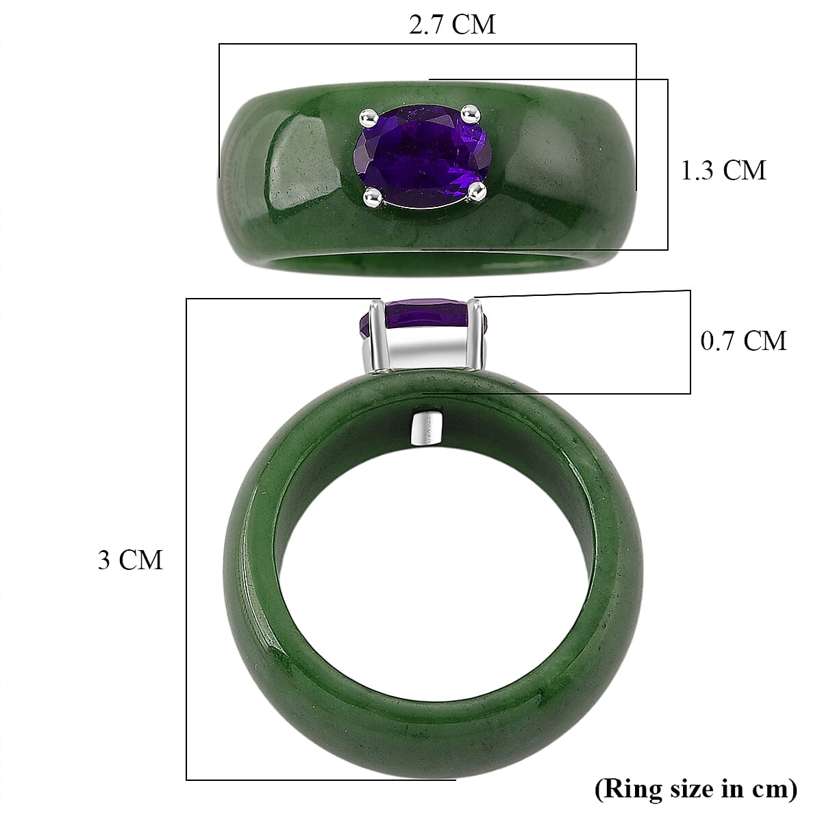 D'Joy Dyed Green Jade & African Amethyst Solitaire Band Ring in Rhodium Overlay Sterling Silver 31.18 Ct.