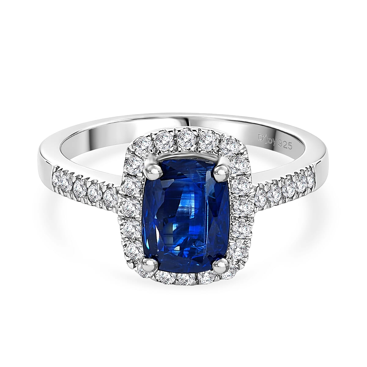 D'Joy AAA Natural Kashmir Kyanite & White Zircon Cushion Cut Halo Ring in Rhodium Overlay Sterling Silver 2.21 Ct.