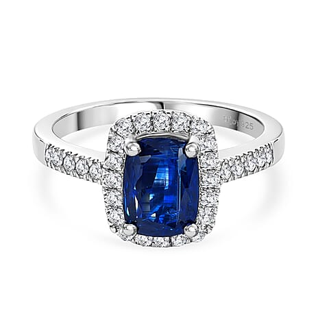 D'Joy AAA Natural Kashmir Kyanite & White Zircon Cushion Cut Halo Ring in Rhodium Overlay Sterling Silver 2.21 Ct.