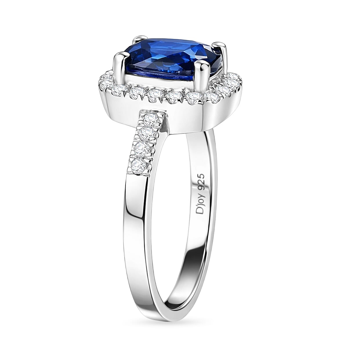 D'Joy AAA Natural Kashmir Kyanite & White Zircon Cushion Cut Halo Ring in Rhodium Overlay Sterling Silver 2.21 Ct.