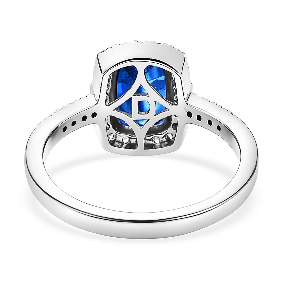 D'Joy AAA Natural Kashmir Kyanite & White Zircon Cushion Cut Halo Ring in Rhodium Overlay Sterling Silver 2.21 Ct.