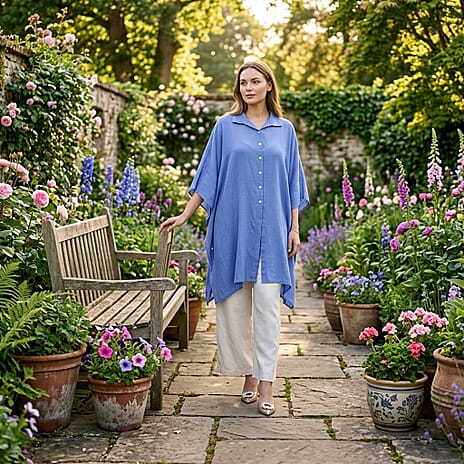 La Marey Kaftan-Style Longline Shirt (One Size) - Blue