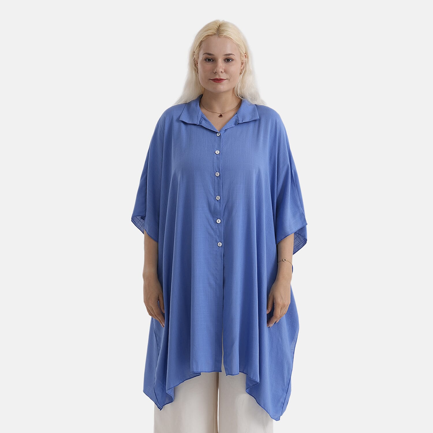 La Marey Kaftan-Style Longline Shirt (One Size) - Blue