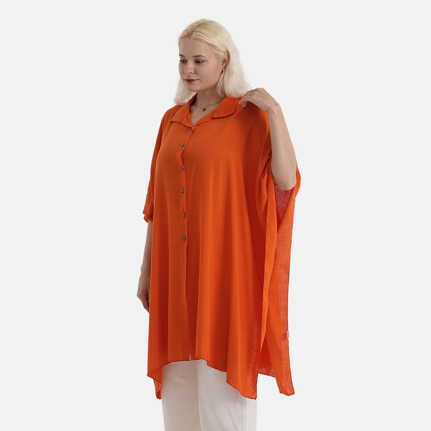 La Marey Kaftan-Style Longline Shirt (One Size) - Orange