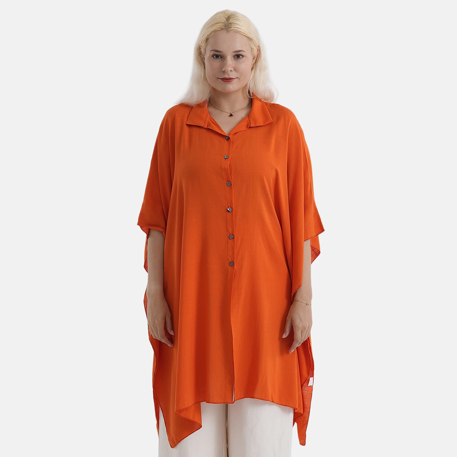 La Marey Kaftan-Style Longline Shirt (One Size) - Orange