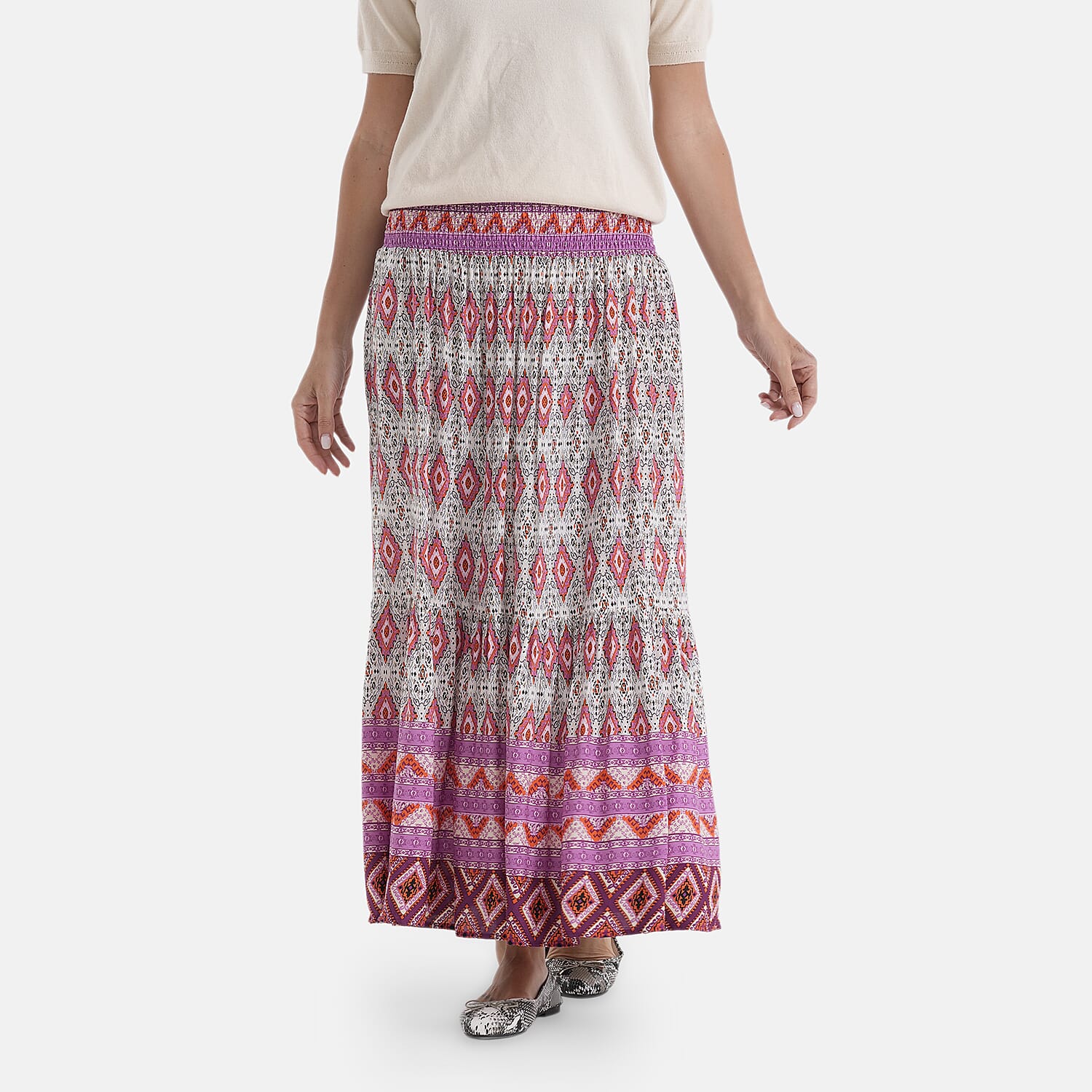 100% Viscose La Marey Elastic Waist Summer Printed Maxi Skirt (One Size) - Multicolour