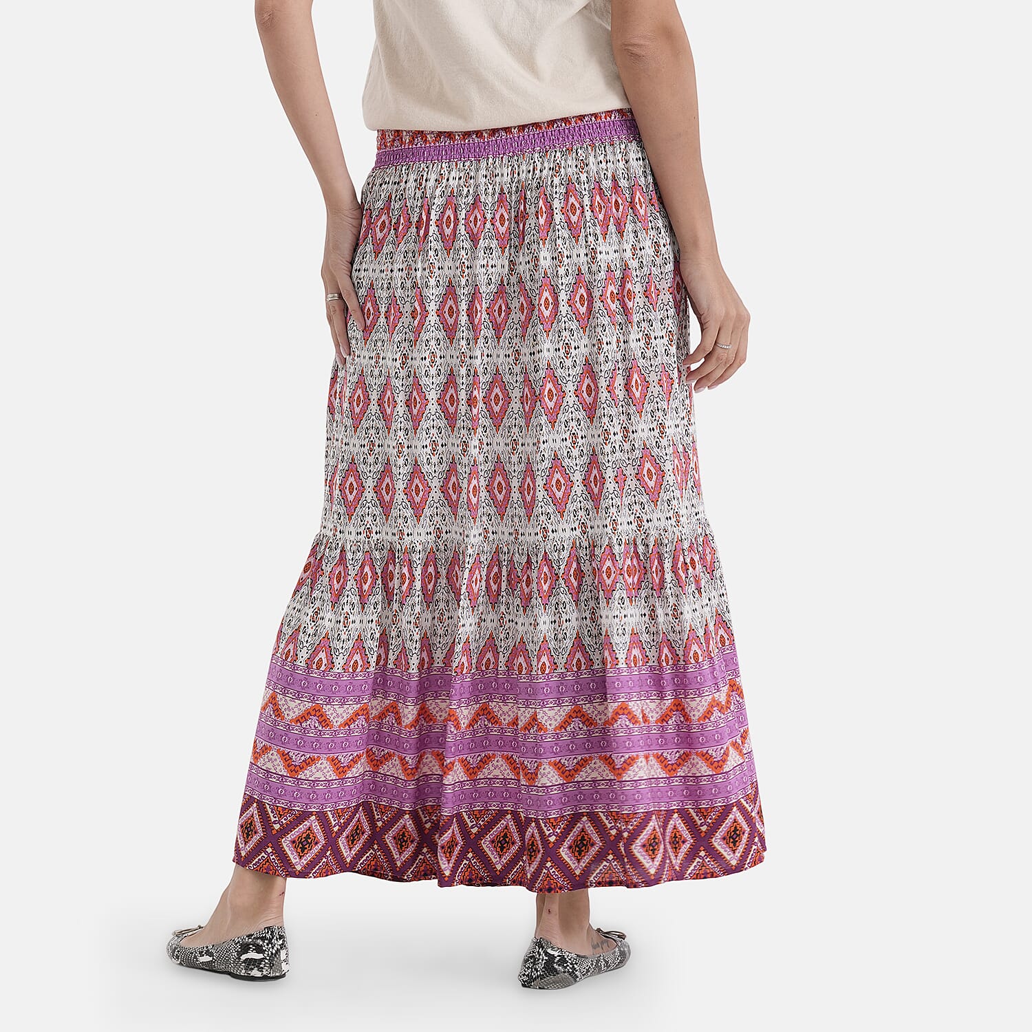100% Viscose La Marey Elastic Waist Summer Printed Maxi Skirt (One Size) - Multicolour